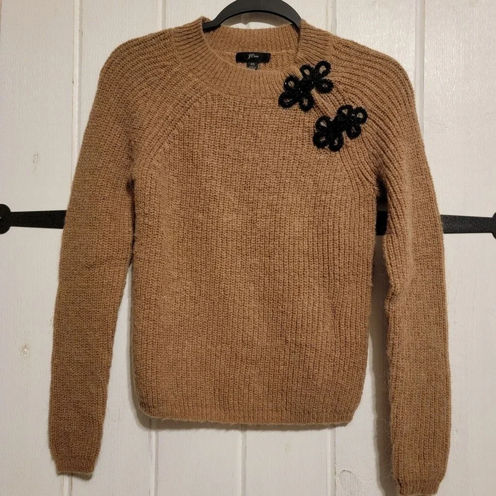 JCrew Sweater Tan Black Floral Accents Wool Alpaca Cable Knit Size XS